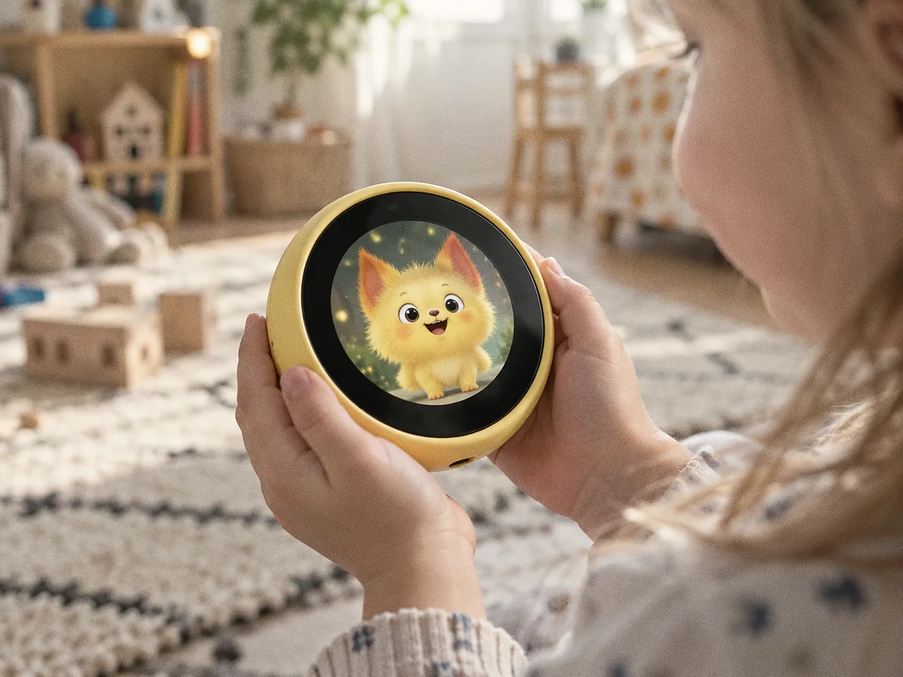 孩子双手捧着闪闪圆屏