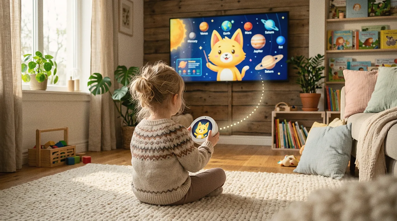 孩子手握闪闪圆屏，电视上的闪闪正在讲太阳系